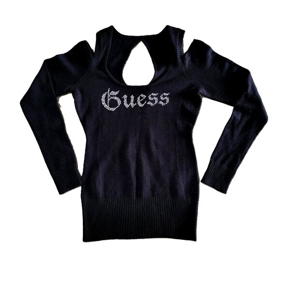 Vintage Y2K GUESS Women's Cutout Bling Rhinestone Logo Black Sweater  - Size L - Picture 1 of 7